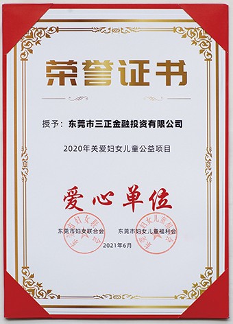 6月3日上午，東莞市婦聯(lián)聯(lián)合市委組織部、市直工委、市婦女兒童福利會(huì)共同啟動(dòng)了2021年?yáng)|莞市婦女兒童“黨群公益匯”活動(dòng)。啟動(dòng)議式上，三正金融投資公司被授予“愛(ài)心單位”榮譽(yù)證書(shū)。